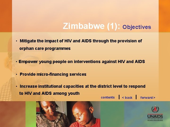 Zimbabwe (1): Objectives • Mitigate the impact of HIV and AIDS through the provision