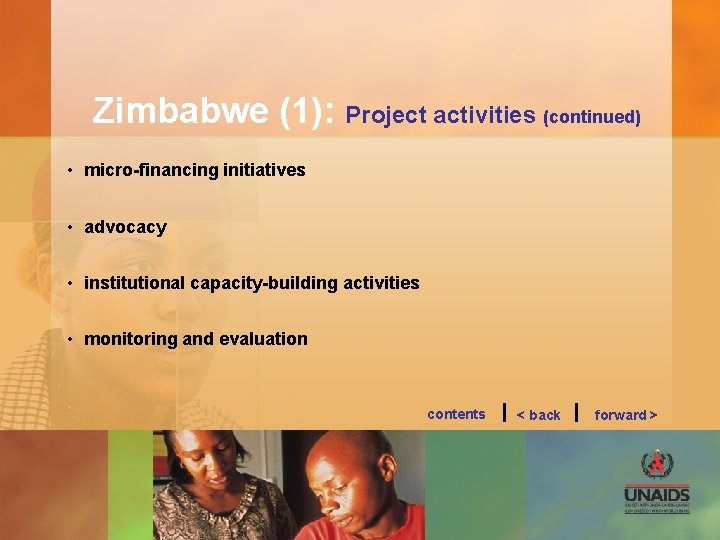 Zimbabwe (1): Project activities (continued) • micro-financing initiatives • advocacy • institutional capacity-building activities