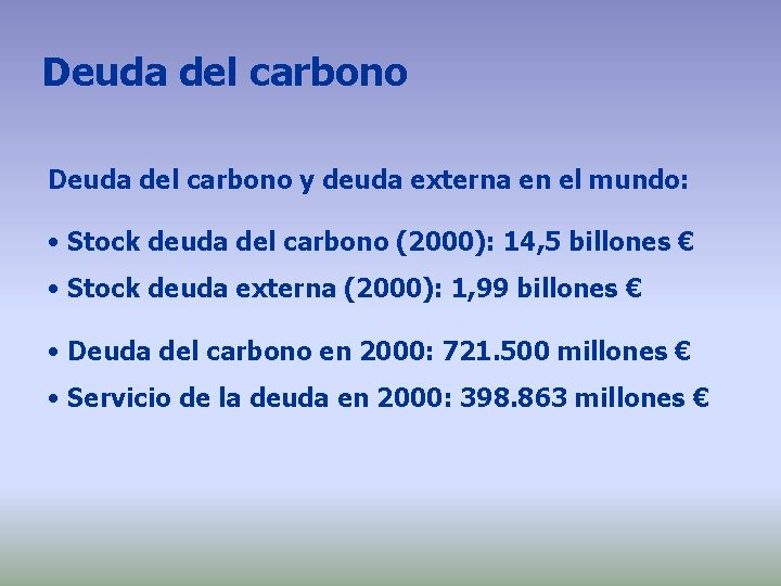 Deuda del carbono y deuda externa en el mundo: • Stock deuda del carbono Deuda del carbono y deuda externa en el mundo: • Stock deuda del carbono