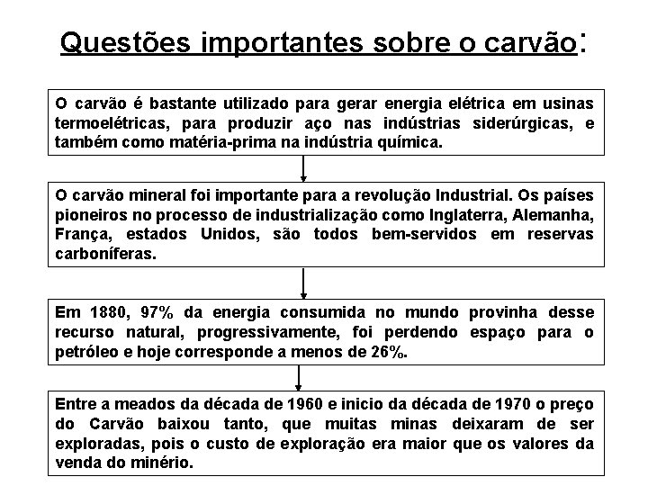 Questões importantes sobre o carvão: O carvão é bastante utilizado para gerar energia elétrica