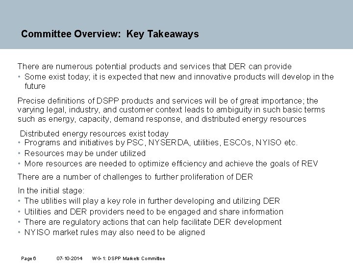 Committee Overview: Key Takeaways There are numerous potential products and services that DER can