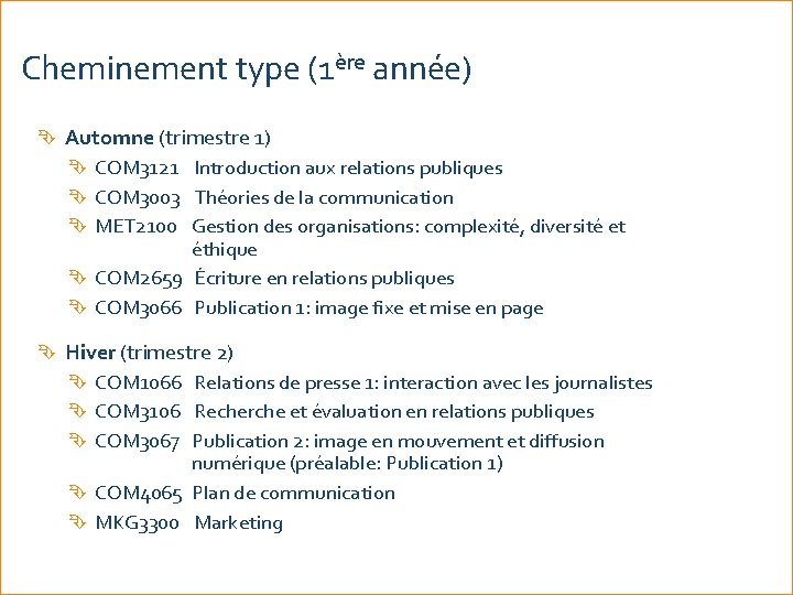 Cheminement type (1ère année) Automne (trimestre 1) COM 3121 Introduction aux relations publiques COM