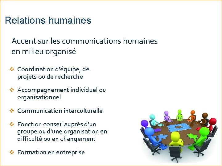 Relations humaines Accent sur les communications humaines en milieu organisé v Coordination d'équipe, de