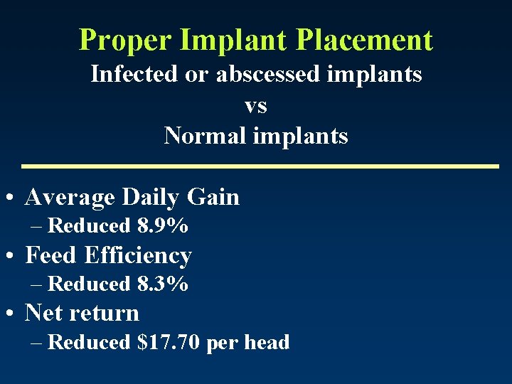 Proper Implant Placement Infected or abscessed implants vs Normal implants • Average Daily Gain