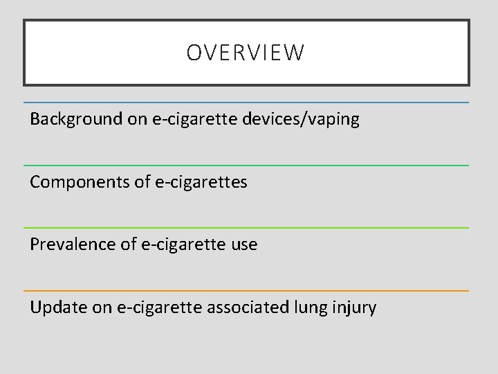 OVERVIEW Background on e-cigarette devices/vaping Components of e-cigarettes Prevalence of e-cigarette use Update on