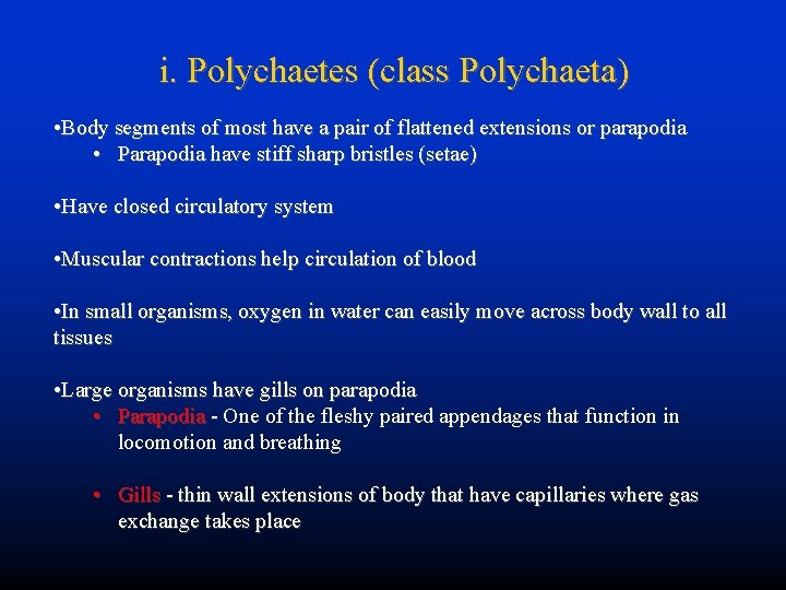 i. Polychaetes (class Polychaeta) • Body segments of most have a pair of flattened