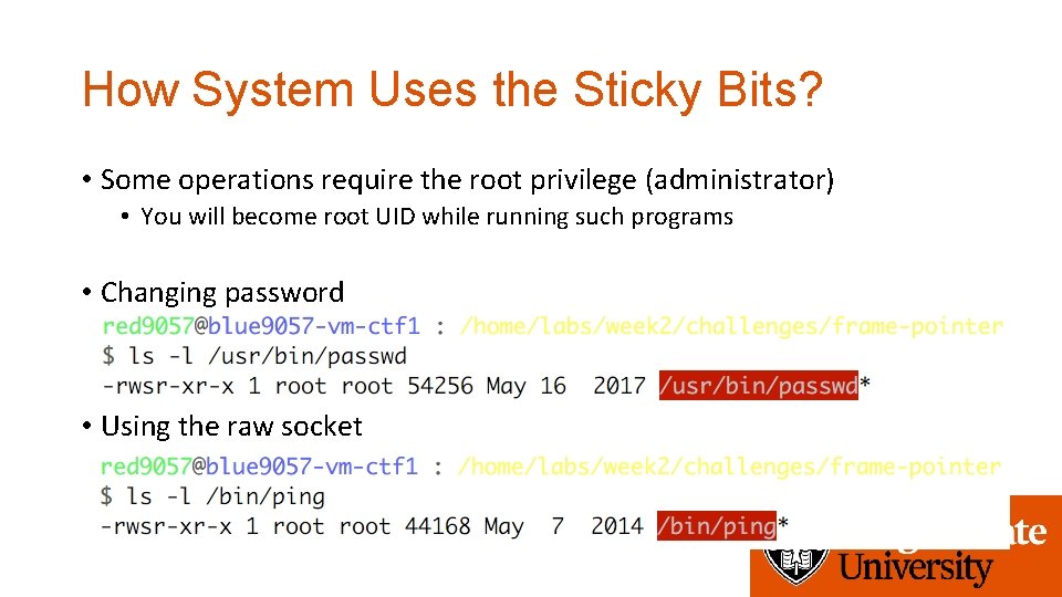 How System Uses the Sticky Bits? • Some operations require the root privilege (administrator)