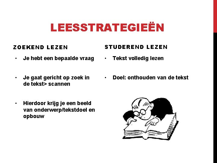 LEESSTRATEGIEËN ZOEKEND LEZEN STUDEREND LEZEN • Je hebt een bepaalde vraag • Tekst volledig