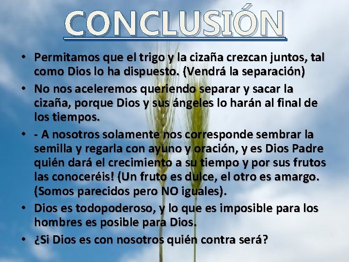 CONCLUSIÓN • Permitamos que el trigo y la cizaña crezcan juntos, tal como Dios