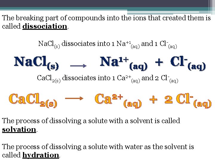 The breaking part of compounds into the ions that created them is called dissociation. The breaking part of compounds into the ions that created them is called dissociation.