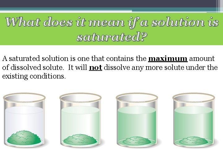 What does it mean if a solution is saturated? A saturated solution is one What does it mean if a solution is saturated? A saturated solution is one