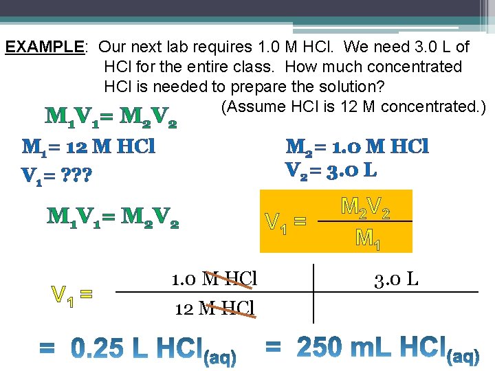 EXAMPLE: Our next lab requires 1. 0 M HCl. We need 3. 0 L EXAMPLE: Our next lab requires 1. 0 M HCl. We need 3. 0 L