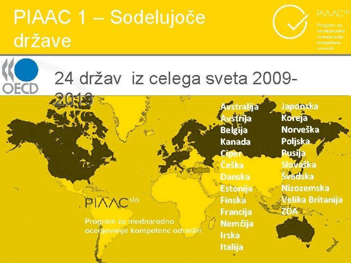 PIAAC 1 – Sodelujoče države 24 držav iz celega sveta 20092013 Japonska Avstralija Avstrija