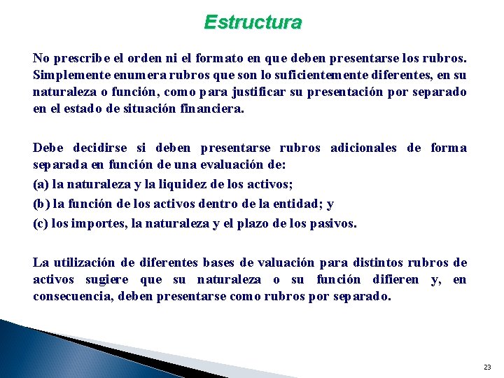 Estructura No prescribe el orden ni el formato en que deben presentarse los rubros.