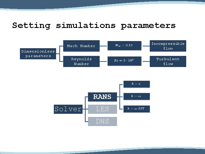 Setting simulations parameters Dimensionless parameters Mach Number Incompressible flow Reynolds Number Turbulent flow Solver
