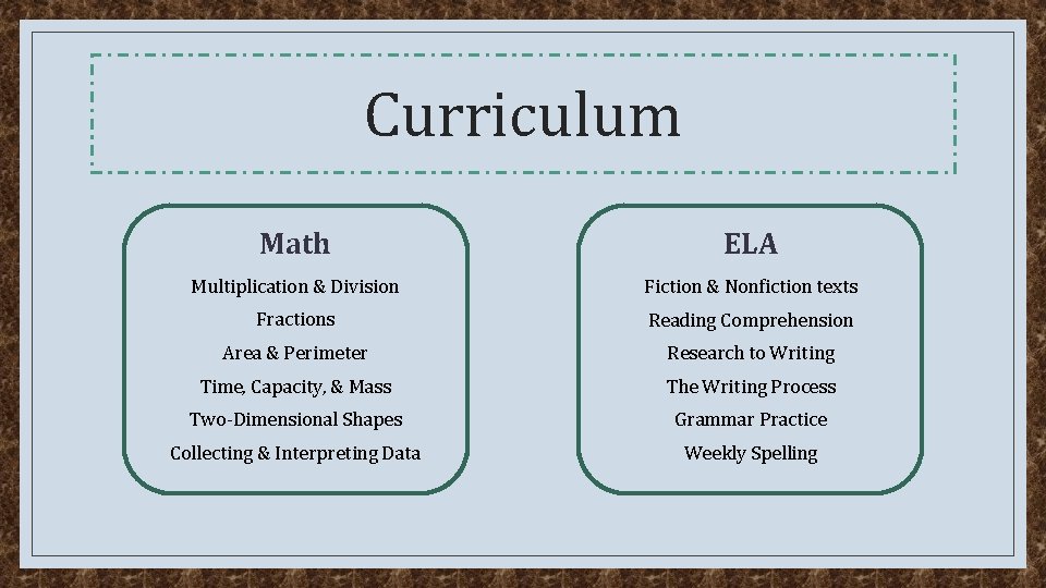 Curriculum Math ELA Multiplication & Division Fiction & Nonfiction texts Fractions Reading Comprehension Area