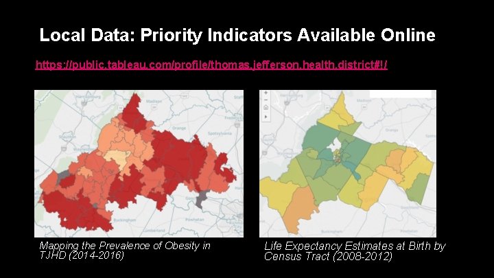 Local Data: Priority Indicators Available Online https: //public. tableau. com/profile/thomas. jefferson. health. district#!/ Mapping