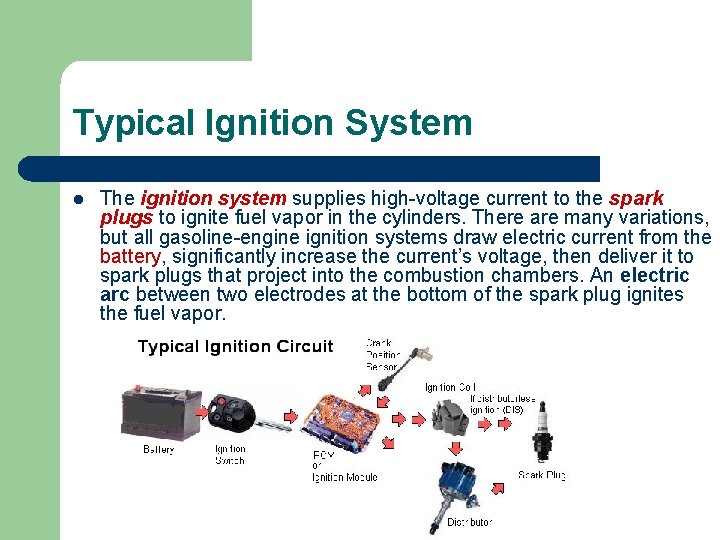 Typical Ignition System l The ignition system supplies high-voltage current to the spark plugs