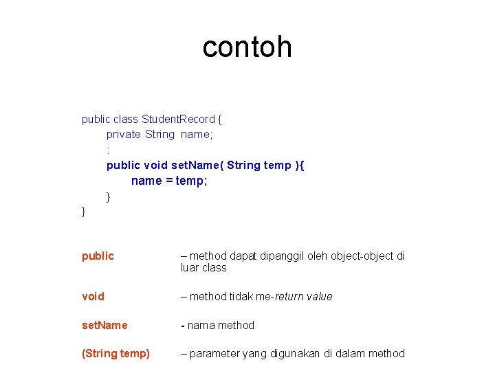 contoh public class Student. Record { private String name; : public void set. Name(