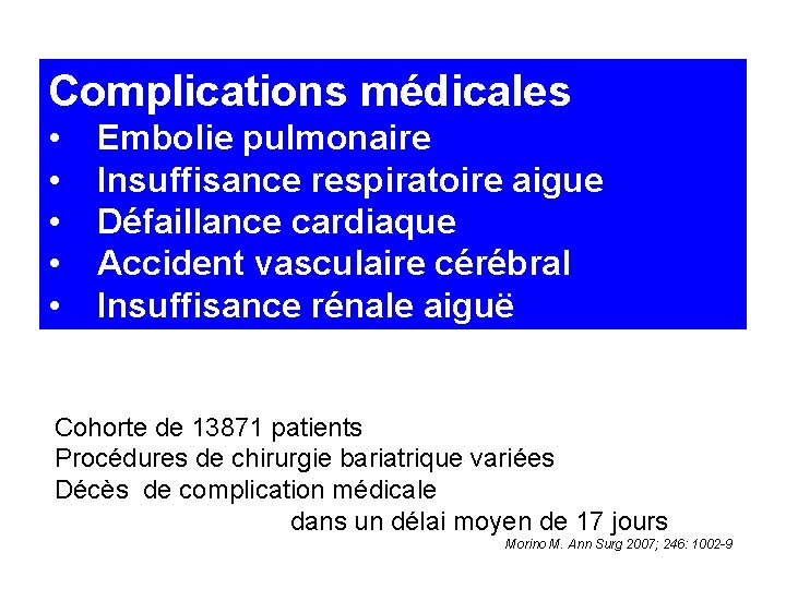 Complications médicales • • • Embolie pulmonaire Insuffisance respiratoire aigue Défaillance cardiaque Accident vasculaire