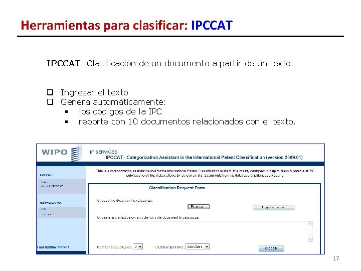 Herramientas para clasificar: IPCCAT: Clasificación de un documento a partir de un texto. q