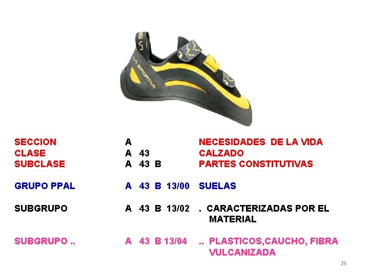 SECCION CLASE SUBCLASE A A 43 B NECESIDADES DE LA VIDA CALZADO PARTES CONSTITUTIVAS