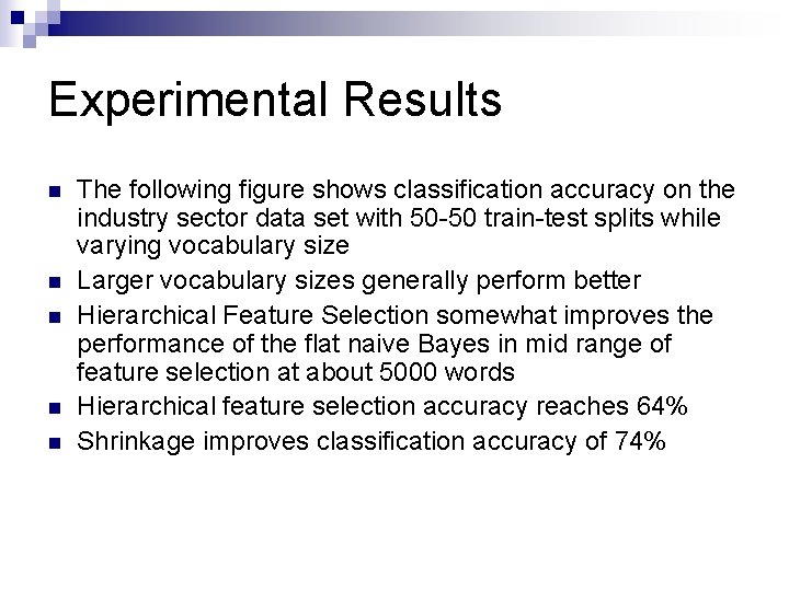 Experimental Results n n n The following figure shows classification accuracy on the industry