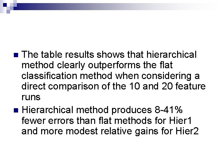 The table results shows that hierarchical method clearly outperforms the flat classification method when