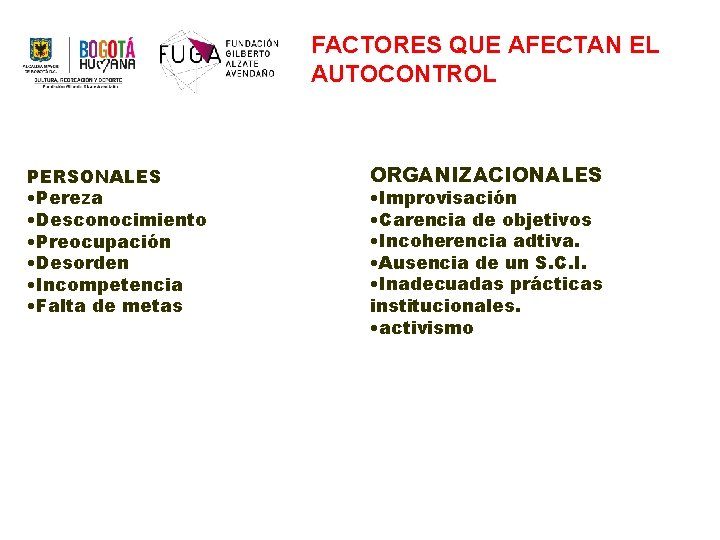 FACTORES QUE AFECTAN EL AUTOCONTROL PERSONALES • Pereza • Desconocimiento • Preocupación • Desorden