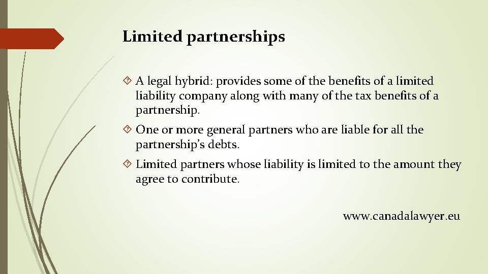 Limited partnerships A legal hybrid: provides some of the benefits of a limited liability