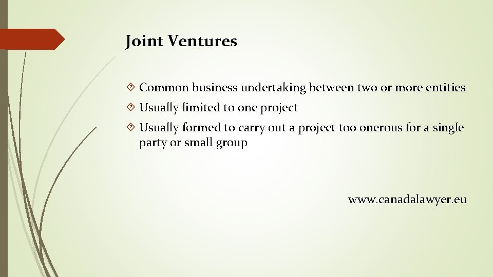 Joint Ventures Common business undertaking between two or more entities Usually limited to one