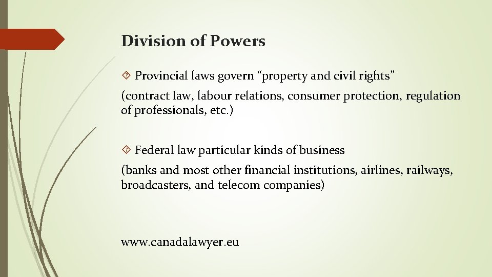 Division of Powers Provincial laws govern “property and civil rights” (contract law, labour relations,