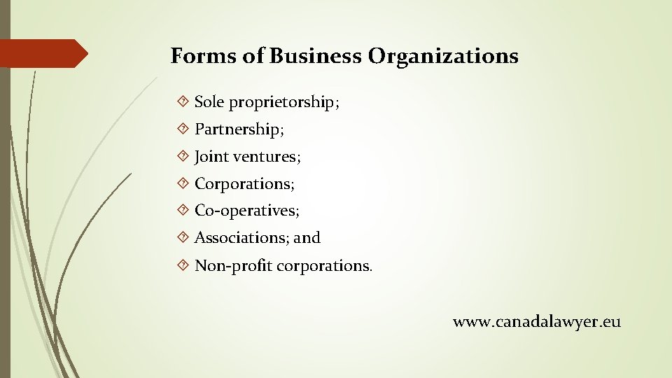 Forms of Business Organizations Sole proprietorship; Partnership; Joint ventures; Corporations; Co-operatives; Associations; and Non-profit