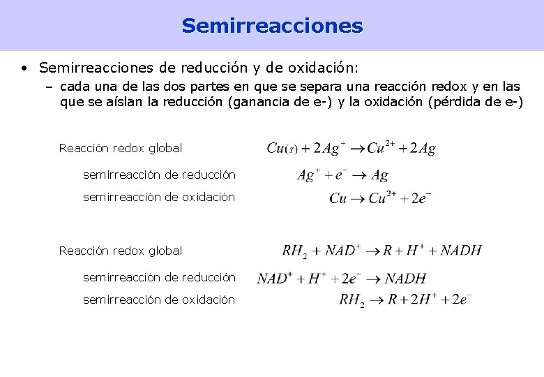 Semirreacciones • Semirreacciones de reducción y de oxidación: – cada una de las dos Semirreacciones • Semirreacciones de reducción y de oxidación: – cada una de las dos