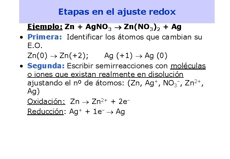 15 Etapas en el ajuste redox Ejemplo: Zn + Ag. NO 3 Zn(NO 3)2