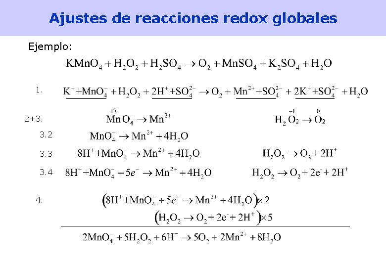 Ajustes de reacciones redox globales Ejemplo: 1. 2+3. 3. 2 3. 3 3. 4