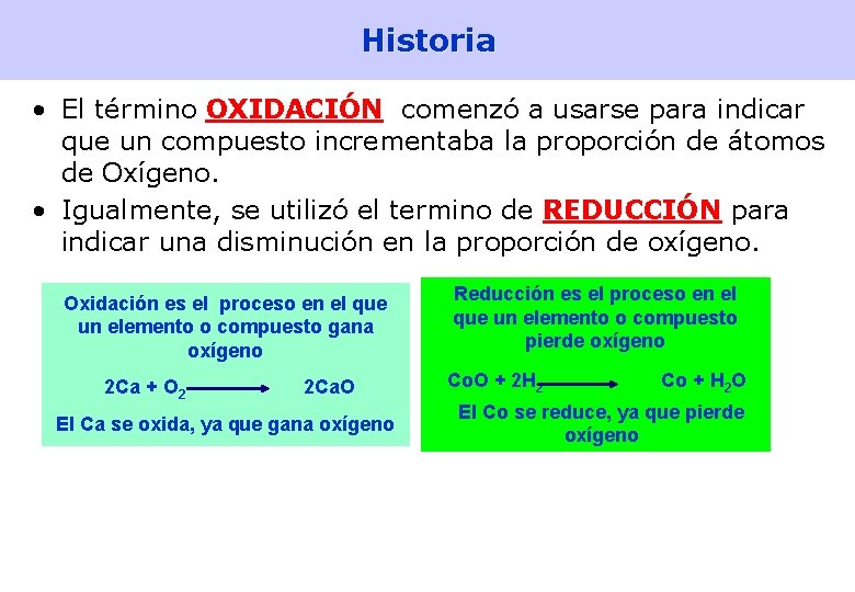 2 Historia • El término OXIDACIÓN comenzó a usarse para indicar que un compuesto 2 Historia • El término OXIDACIÓN comenzó a usarse para indicar que un compuesto