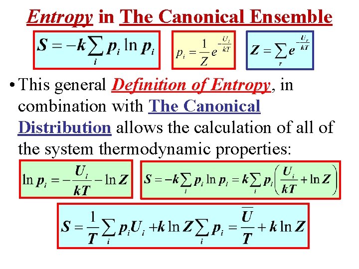 Entropy in The Canonical Ensemble • This general Definition of Entropy, in combination with