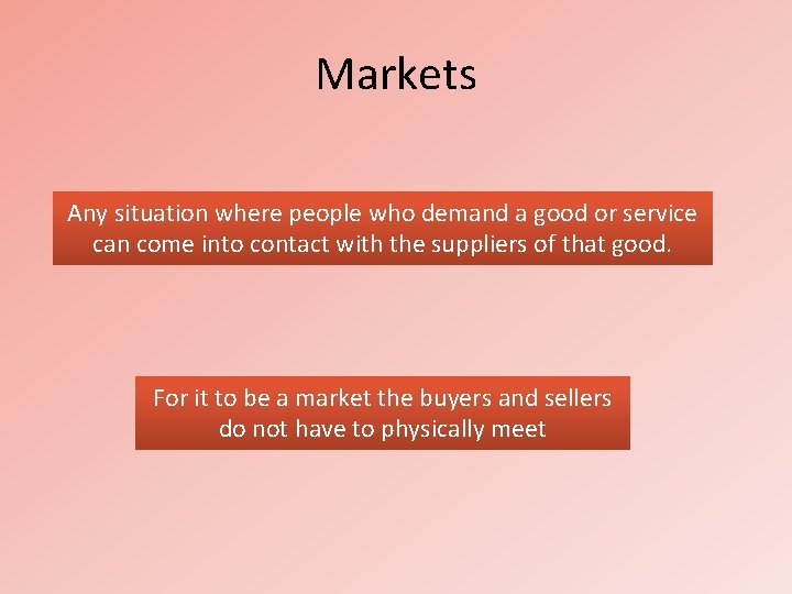Markets Any situation where people who demand a good or service can come into