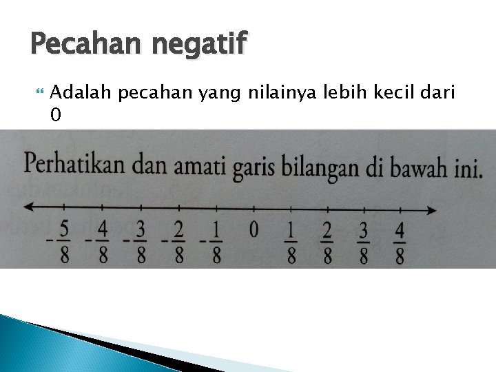 Pecahan negatif Adalah pecahan yang nilainya lebih kecil dari 0 