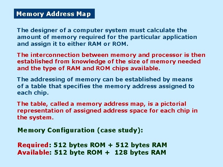 Memory Address Map The designer of a computer system must calculate the amount of