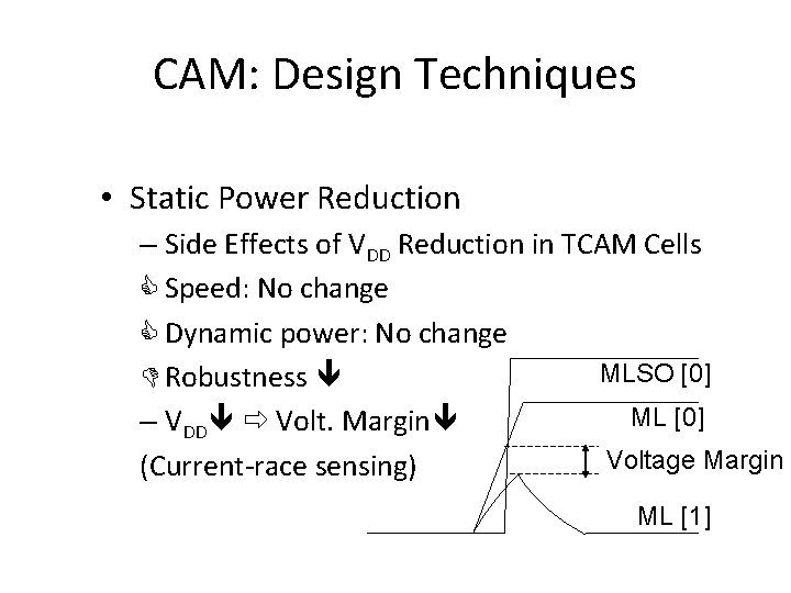 CAM: Design Techniques • Static Power Reduction – Side Effects of VDD Reduction in