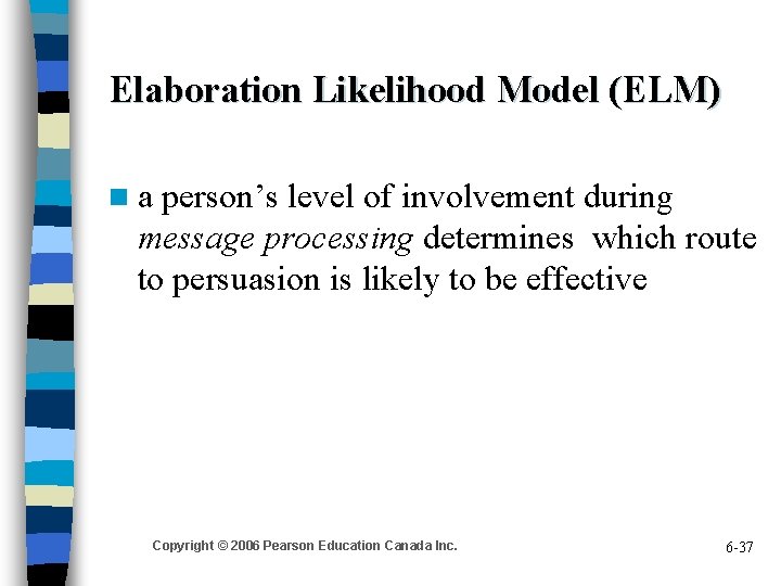 Elaboration Likelihood Model (ELM) n a person’s level of involvement during message processing determines
