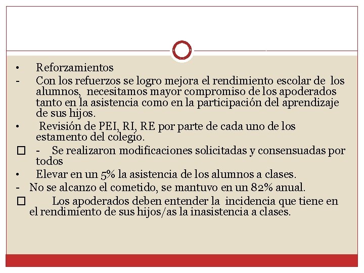  • - Reforzamientos Con los refuerzos se logro mejora el rendimiento escolar de