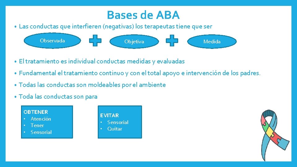 Bases de ABA • Las conductas que interfieren (negativas) los terapeutas tiene que ser