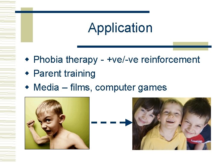 Application Phobia therapy - +ve/-ve reinforcement Parent training Media – films, computer games 