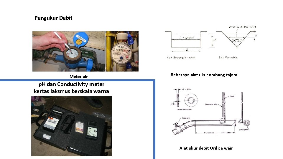 Pengukur Debit Meter air Beberapa alat ukur ambang tajam p. H dan Conductivity meter