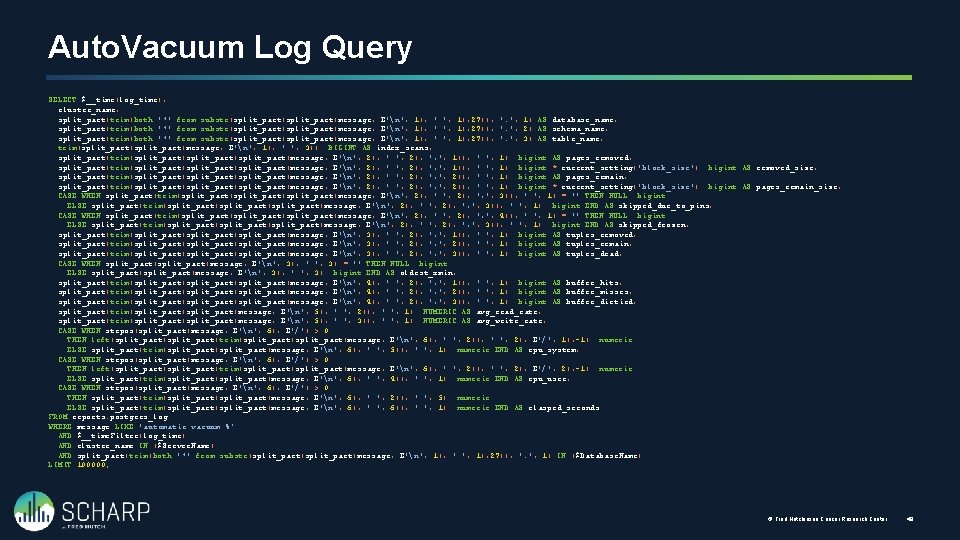 Auto. Vacuum Log Query SELECT $__time(log_time), cluster_name, split_part(trim(both '"' from substr(split_part(message, E'n', 1), ':