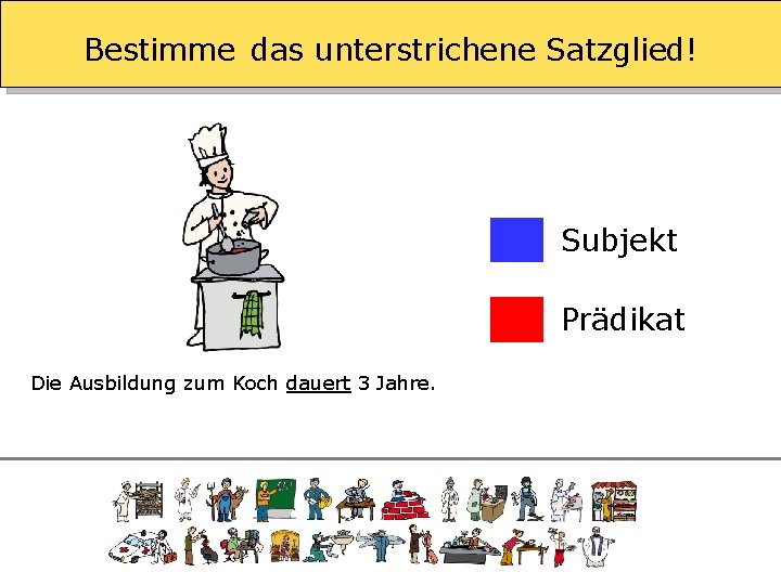 Bestimme das unterstrichene Satzglied! Subjekt Prädikat Die Ausbildung zum Koch dauert 3 Jahre. 