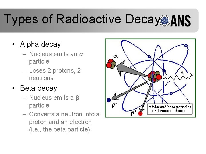 Types of Radioactive Decay • Alpha decay – Nucleus emits an α particle –